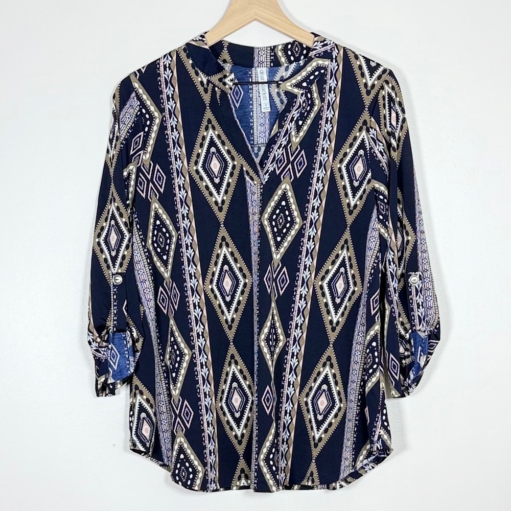 Dear Scarlett Womens Lizzy Blouse Top Size S Blue Roll Tab Sleeve Southwestern